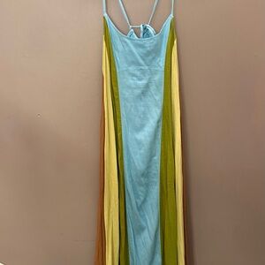 Sleeveless Colorblock Maxi Dress in Light Blue, Olive & Tan